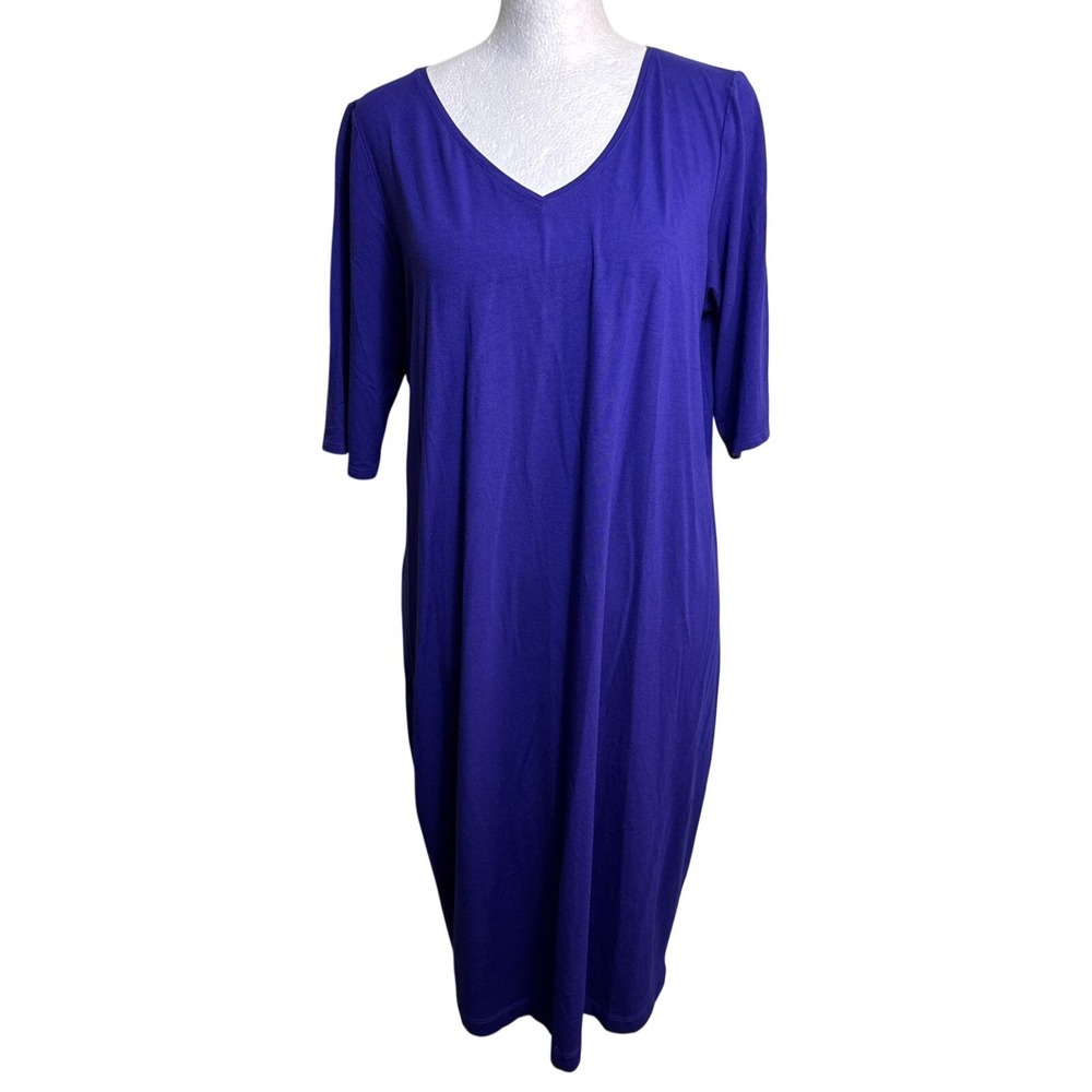 Eileen Fisher Dress M Womens Purple Viscose Jersey V Neck Elbow Sleeve Midi